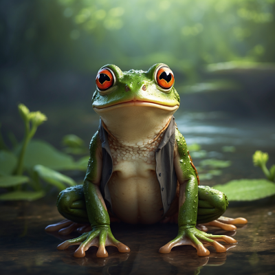 Close-up of a green frog with bright red eyes sitting by the water, in a serene forest setting.