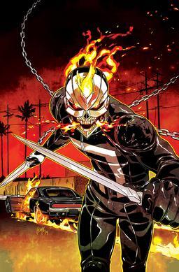 Marvel Comics' Ghost Rider: a flaming skull in a leather jacket charges forward wielding a chain and sword, a burning car and fiery red skyline blazing behind him.