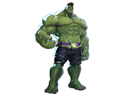 Hulk from Marvel Rivals: towering green muscular hero in torn shorts, clenched fist, and a glowing purple belt.