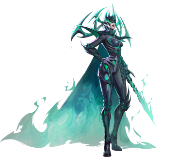 Marvel Rivals: armored female warrior in teal-black spiked helmet and form-fitting armor, wielding a glowing spear with an ethereal, flowing cape trailing like mist.