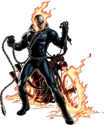 Ghost Rider (Marvel Comics): flaming skull in black leather holding a burning chain, motorcycle engulfed in roaring orange flames.