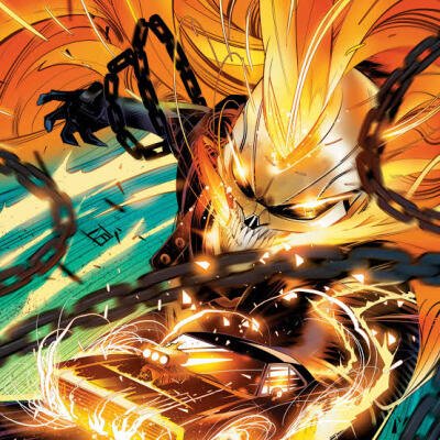 Ghost Rider (Marvel Comics) bares a flaming skull and mane of fire, whipping chains and a blazing motorcycle wheel in violent motion.