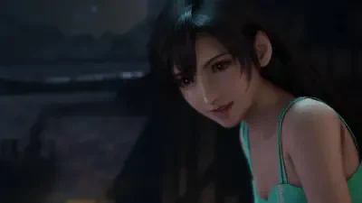 Tifa Lockhart from Final Fantasy VII Integrate, close-up leaning forward with dark hair, teal tank top and a gentle smile in a dim, shadowed interior.