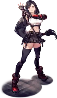 Tifa Lockhart from Final Fantasy VII in a combat pose, long dark hair, white crop top, black mini-skirt, thigh-high stockings, red-accented boots and armored gauntlets.