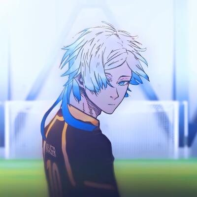 Miachael Kaiser from Blue Lock — white-haired, blue-eyed soccer player in a dark jersey with number 10, glancing back on a brightly lit stadium pitch.