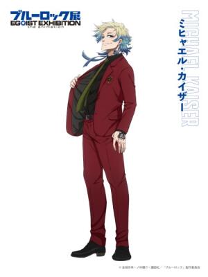 Miachael Kaiser from Blue Lock in a red suit and black shirt with a scarf, blond tousled hair, smirking, standing full-body on white background with one hand in his jacket.
