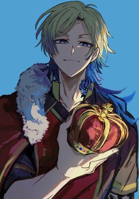 Miachael Kaiser from Blue Lock: green-blond haired young man in a fur-lined red cloak, holding an ornate jeweled crown against a flat blue background.