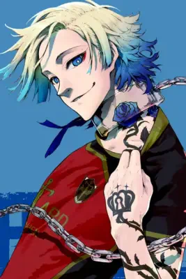 Miachael Kaiser, Blue Lock — smirking blond-to-blue haired character wearing a blue-rose choker and chain, red jacket, crown tattoo on hand, set against a blue background.