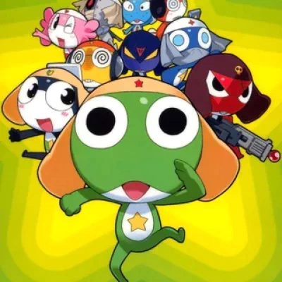 A colorful group of cartoon frogs and characters from Sgt. Frog, with the prominent green frog in the front and various other characters in the background.