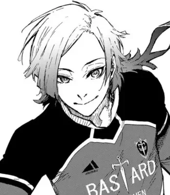 Miachael Kaiser from Blue Lock, grinning in manga-style black-and-white art, medium-length hair sweeping over one eye, wearing a soccer jersey emblazoned BASTARD and a flowing scarf.