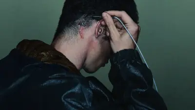 Rear three-quarter view of a person with a brown snake on their shoulder threading a slim cybercable into their ear — Neuromancer (2027).