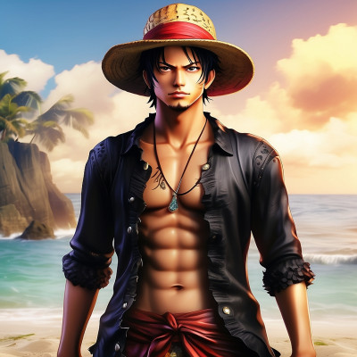 Illustration of a One Piece anime character standing confidently on a tropical beach, sporting a straw hat, a black open shirt, and a red sash, with the ocean and cliffs in the background.