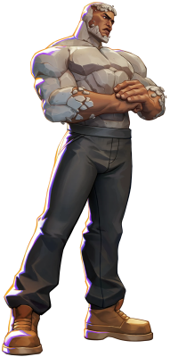 Muscular stone-textured fighter stands with arms crossed, stern gaze, wearing dark pants and boots — Invincible VS Integrate.