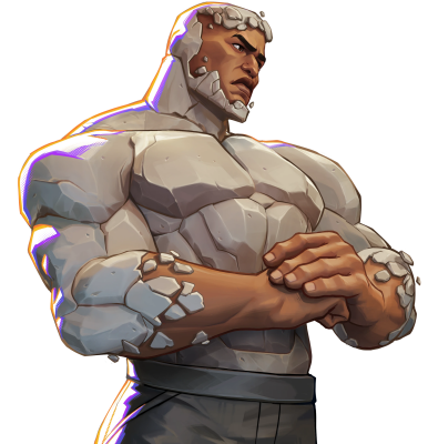 Massive stone-skinned hero with cracked rock plates, folded arms and a stern gaze — Invincible VS Integrate.