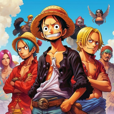 One Piece anime characters illustration with Monkey D. Luffy in the center against a sky background, symbolizing adventure and camaraderie in this popular manga series.