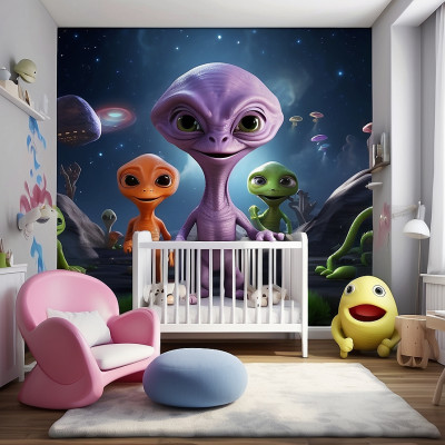 A children's room with a wall mural featuring adorable aliens in various colors, with a crib, a pink chair, a blue ottoman, and a smiling yellow plush toy placed in the cozy space.