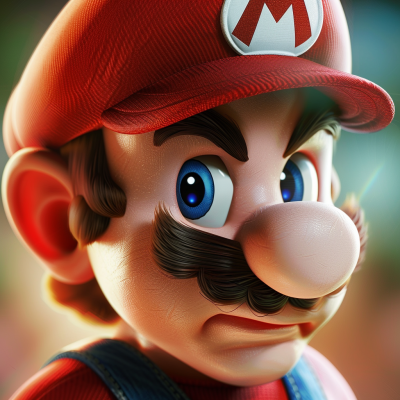 Close-up of Mario, the iconic video game character from Nintendo, with a detailed visualization of his red cap, blue eyes, and characteristic mustache.
