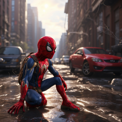 Spider-Man crouching on a wet city street with cars and sunlight filtering through buildings.