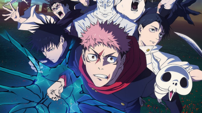 Jujutsu Kaisen: Yuji Itadori lunges forward with a determined, bruised face; Megumi Fushiguro unleashes blue energy, Satoru Gojo and a skull-masked ally loom behind.