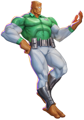 Muscular orange-headed hero in green shirt and white pants, one hand raised, other on hip, wearing utility belt and boots — Invincible VS character.