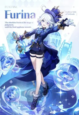 Furina (Genshin Impact) wearing a flowing blue coat and crown, holding a trident-like staff while summoning glowing water bubbles before a luminous aquatic city backdrop.