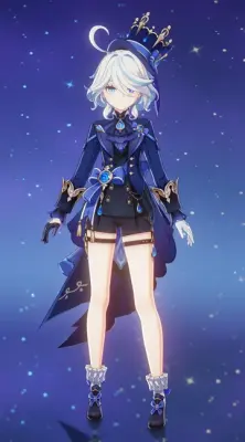 Furina (Genshin Impact) in a navy royal outfit and crown, white hair and blue accents, gloves and thigh-high stockings, standing against a starry blue background.