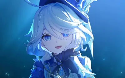 Furina (Genshin Impact) smiling with hand to cheek, light-blue wavy hair, ornate blue hat and gown, glowing ocean-blue background.