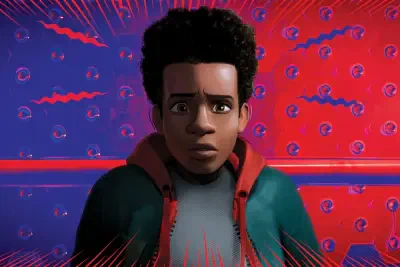 Miles Morales, Spider-Man (PS4) close-up: worried expression, red hooded sweatshirt under green jacket, stylized red-and-blue background patterned with spider emblems.