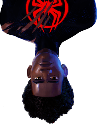 Upside-down close-up of Miles Morales from Spider-Man (PS4), face illuminated above a black suit with a glowing red spider emblem.