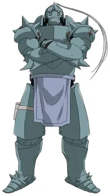 Alphonse Elric from Fullmetal Alchemist: towering gray suit of armor with arms crossed, cloth apron and a long flowing ponytail ribbon.