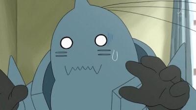 Alphonse Elric from Fullmetal Alchemist in his armored body, wide-eyed and sweating, hands raised in a startled, anxious pose before a curtain-lit window.