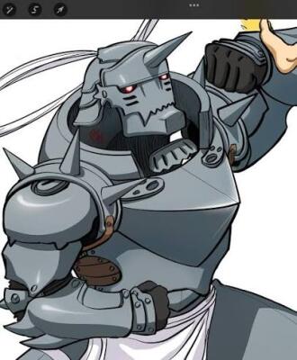 Alphonse Elric from Fullmetal Alchemist in his hulking silver armor, horned helmet and red eyes, spiked pauldrons, clenched armored fist and white cloth at his waist.
