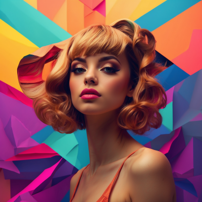 Stylish woman with retro hairstyle against a vibrant geometric background, evoking a lofi aesthetic.