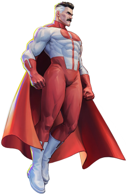 Invincible VS Integrate: muscular, mustached superhero in a red-and-white bodysuit with white boots and flowing red cape, clenched fists, hovering in a confident heroic pose.