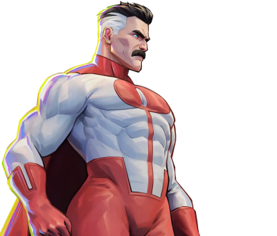 Muscular superhero with a black mustache in a red-and-white suit and cape, chest emblem, hands on hips in a proud three-quarter pose — Invincible VS