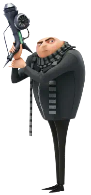 Gru from Despicable Me stands holding a large gadget, wearing his signature black jacket and striped scarf, with a determined expression.