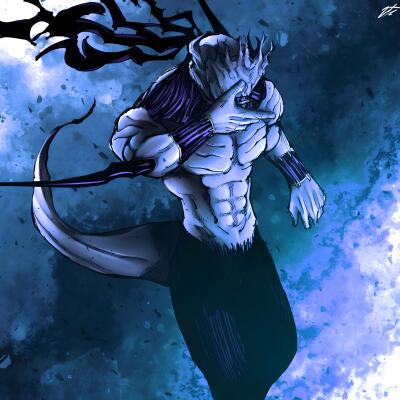 A muscular, mystical character with a reptilian lower body, partially obscured by shadows, stands against a swirling blue background, exuding a sense of power and intensity.