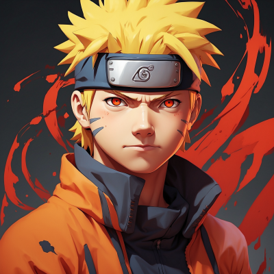 Illustration of Naruto Uzumaki, anime character, with an intense gaze and a fiery aura.