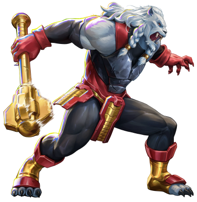 Lion-headed, armored beast-warrior lunging with a massive golden hammer, roaring; dynamic art captioned Invincible VS Integrate.