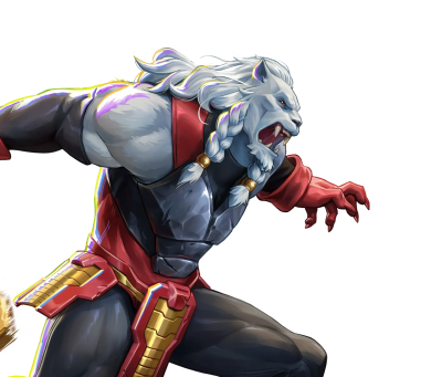 Illustration titled Invincible VS Integrate of a white-maned, armored lion warrior in red and black, roaring and lunging forward.