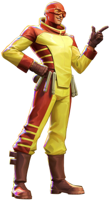 Confident red-and-yellow superhero in goggles and chest armor, pointing with a gloved hand; caption reads Invincible VS Integrate.