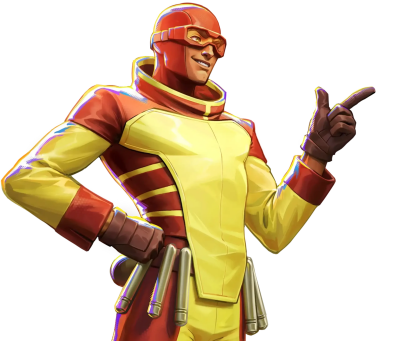 Red-and-yellow costumed superhero with goggles, smiling and pointing, utility canisters at the belt — Invincible VS.