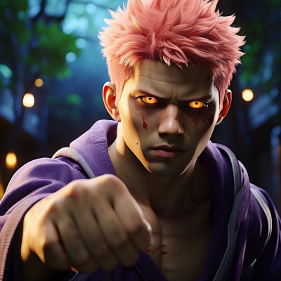 3D render of Sukuna from Jujutsu Kaisen with a menacing gesture in a dark forest setting.