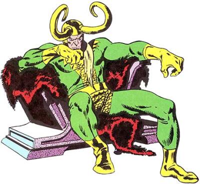 Comic illustration of Loki (Marvel Comics) in a green-and-gold costume with large curved horns, lounging on a fur-draped throne with a sly, smirking expression.