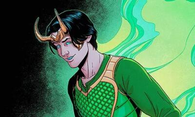 Loki (Marvel Comics) in comic art: young, pale, dark-haired trickster wearing a small gold horned crown and green scaled armor, smirking with a swirling green magical aura behind him.