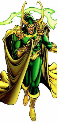Loki (Marvel Comics) wearing green-and-gold armor and a horned helmet, flowing cape, gauntlets and boots, snarling as green mystical energy swirls behind him.