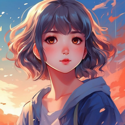 Anime girl with big eyes and short blue hair under a sunset sky.