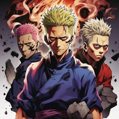 Dynamic illustration of Sukuna and two other characters from Jujutsu Kaisen with intense expressions and a fiery aura in the background.