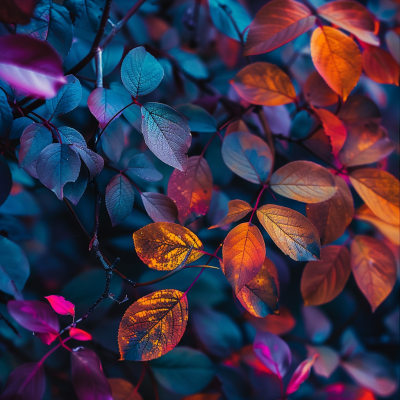 Close-up of vibrant leaves in varying shades of blue, orange, and pink, reflecting the beauty of nature's palette in a striking interplay of colors.