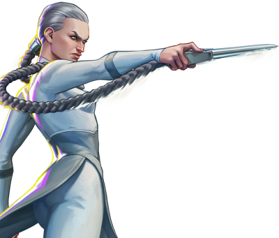 Invincible VS Integrate character: stern silver‑haired fighter in a white suit with a long braided ponytail, arm outstretched pointing a serrated blade.